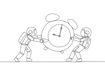 Continuous one line drawing two emotional astronaut fighting over the big alarm clock. The concept of fighting for rare items for prestige. Conflict. Space. Single line draw design vector illustration