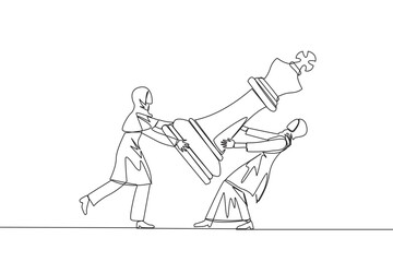 Continuous one line drawing two Arabian businesswoman fight over big king chess pieces. The metaphor of scrambling to save a business by helping investors. Single line draw design vector illustration