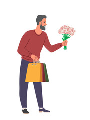 Man gives flowers scene. Young guy with bouquet and bags. Romantic present and surprise. Sticker for social networks and messengers. Cartoon flat vector illustration isolated on white background