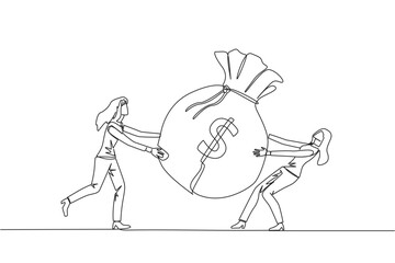 Continuous one line drawing two businesswoman fighting over big money bag. Fighting for additional capital after several shares were released to the public. Single line draw design vector illustration