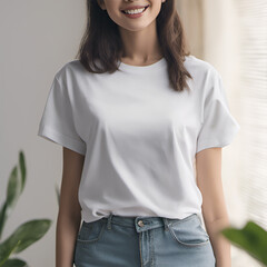 Obraz premium Women wearing blank white t-shirt , White Shirt Mockup, Oversized Blank T-Shirt Template, Fashion, Women, Model,mockup for tshirt print store