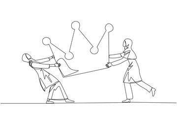 Continuous one line drawing two angry Arabian businesswoman fighting over the crown. Fighting for become the most successful and respected businessman. Conflict. Single line draw vector illustration