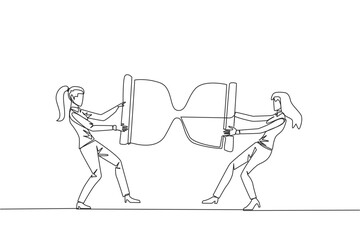 Single one line drawing two angry businesswoman fighting over the hourglass. Ask each other for additional time to send the company profile. Aggressive. Continuous line design graphic illustration