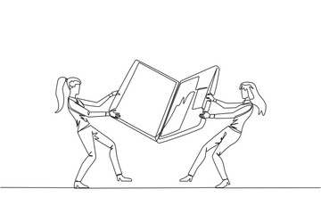 Single continuous line drawing two emotional businesswoman fighting over the laptop. Fighting for information about very good area to be the next target market. One line design vector illustration