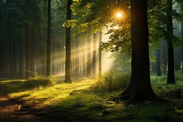 Tranquil forest glade bathed in golden sunlight.
