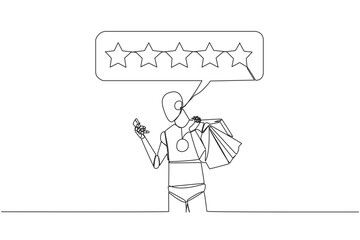 Continuous one line drawing robot holding several shopping bags. The other hand typing on the smartphone gives a 5 star review. Online shopping. AI tech. Single line draw design vector illustration