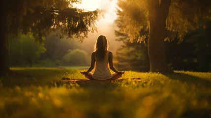 Foto op Plexiglas 夕焼けに緑に囲まれてヨガ（瞑想）をする女性の後ろ姿 © dont