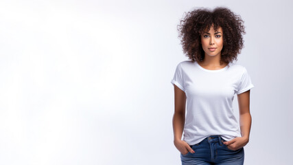 Afro american woman wearing white t-shirt isolated on gray background
