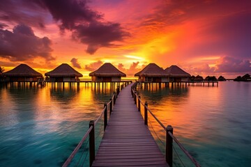 Fototapeta na wymiar Tropical island sunset with overwater bungalows.