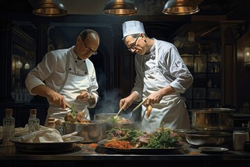 Two chefs in a bustling kitchen, preparing gourmet dishes.