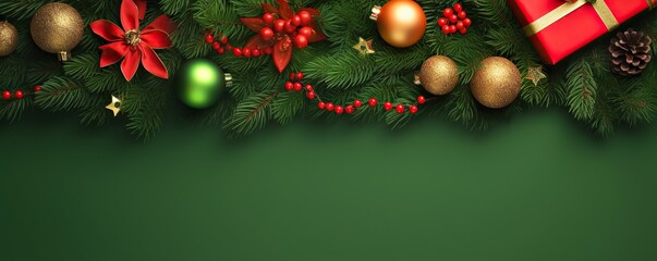 Christmas day decoration, christmas red gift box with decoration stars and light on green background, copy space banner