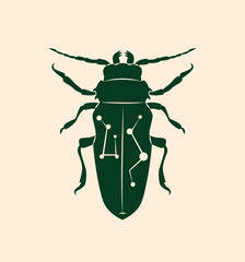 Mystical animal in boho style. Green silhouette of bug. Mysticism and esotericism, occultism, religion. Template and layout. Cartoon flat vector illustration isolated on beige background