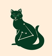 Fototapeta premium Mystical animal in boho style. Green silhouette of cat. Mysticism and esotericism. Sticker for social networks and messengers. Cartoon flat vector illustration isolated on beige background