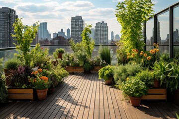 Fototapeta na wymiar Urban garden on a building terrace with city views.