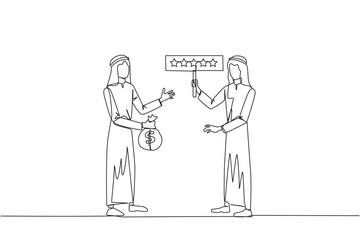Single continuous line drawing two Arabian men standing opposite each other. One man carry money bag, the other carry rating board with 5 stars. Buy and selling reviews. One line vector illustration