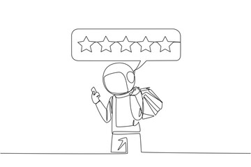 Continuous one line drawing happy astronaut holding several shopping bags. The other hand typing on the smartphone gives a 5 star review. Online shopping. Single line draw design vector illustration