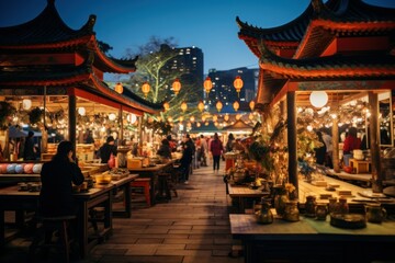 Urban night market with lanterns, street food, and artisan stalls.