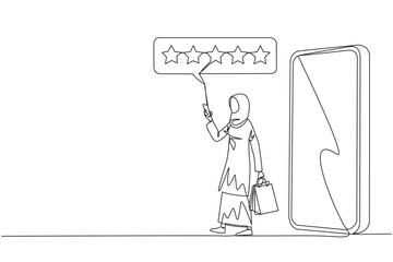 Single one line drawing Arabian woman comes out of big smartphone carry shopping bag, the other hand typing smartphone. Online shopping concept. Ecommerce. Continuous line design graphic illustration
