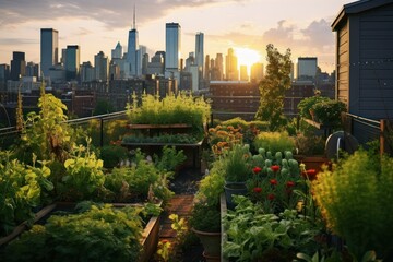 Urban rooftop garden with a city skyline in the background.