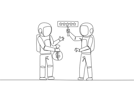 Single one line drawing two astronauts standing opposite each other. The one carry money bag, the other carry rating board with 5 stars. Buy and selling reviews. Continuous line graphic illustration