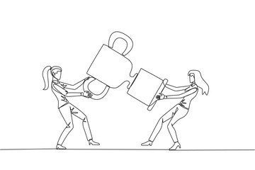 Single one line drawing two businesswoman fighting over the trophy. There are no co-champions. The two entrepreneurs are required to contest ideas again. Continuous line design graphic illustration