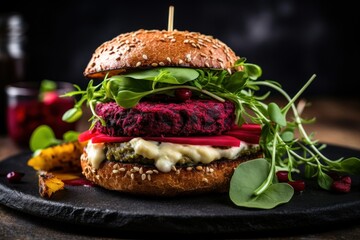 Vegan burger with a beetroot patty and fresh garnish