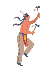 Native american character. Man with axe and feathers. Person in traditional costume. Sticker for social networks. Cartoon flat vector illustration isolated on white background