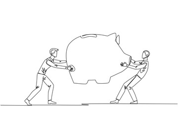 Single one line drawing two selfish businessman fighting over big piggy bank. Arguing and each other feel entitled. Businessman versus businessman. Attack. Continuous line design graphic illustration