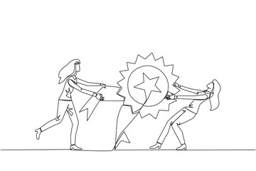 Single continuous line drawing two businessman fighting over medal award. Both feel worthy of the award. Businesswoman versus businesswoman. Businesswoman conflict. One line design vector illustration