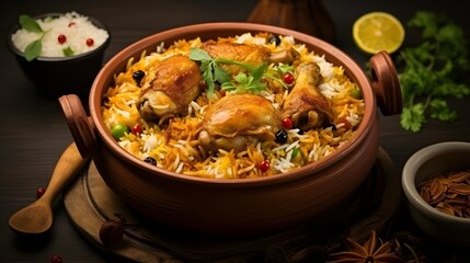 Dum Handi chicken Biryani is prepared in an earthen or clay pot called Haandi. Popular Indian non vegetarian food - obrazy, fototapety, plakaty