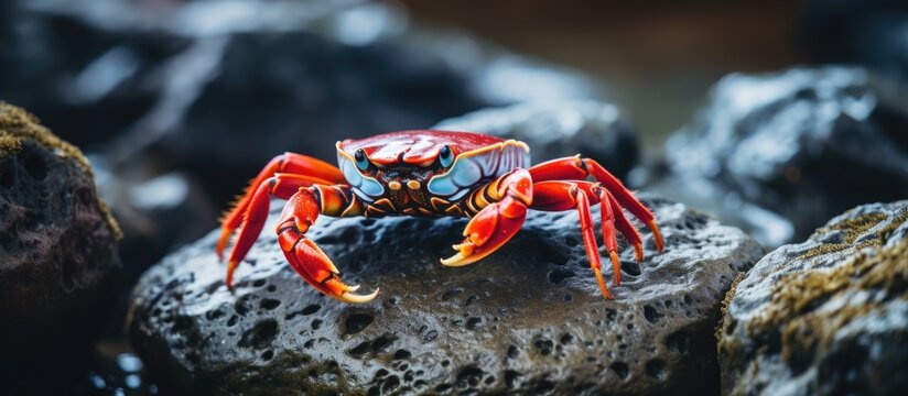 Close up wildlife shot of a beautiful colorful crab resting on rocks in San Cristobal Galapagos with a dark background and copy space