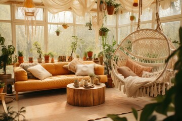 Vintage bohemian living room with hanging macrame decor and plants.