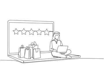 Single one line drawing happy Arabian man sitting on giant laptop typing on laptop. Bought a lot from online shop. Give a review of 5 stars. Ecommerce. Continuous line design graphic illustration