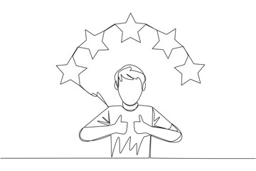 Continuous one line drawing man giving two thumbs up, above head there are 5 stars forming semicircle. Exciting online shopping experience. Review 5 stars. Single line draw design vector illustration