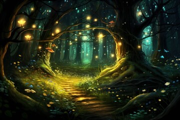 Whimsical forest glade illuminated by fireflies.