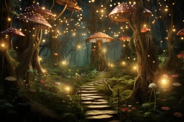 Whimsical enchanted forest with sparkling fairy lights.