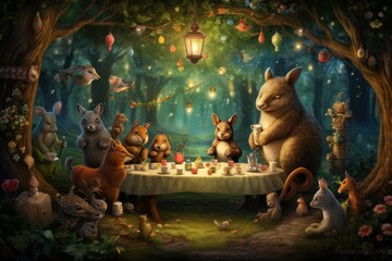 Whimsical forest scene with animals attending a tea party.
