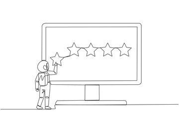 Single continuous line drawing astronaut standing and trying to stick one star on big monitor. Giving 5 star feedback. Giving star quality result. Giving review. Galaxy cosmic. One line design vector
