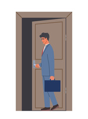 Character opening door concept. Man leave home or office. Young guy in suit with briefcase near doorway. Template and layout. Cartoon flat vector illustration isolated on white background