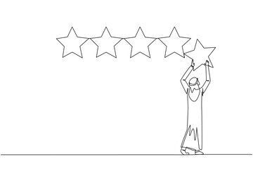 Single continuous line drawing young Arabian man holding up a star with both hands and pasting it up to make 5 stars in a row. Give the best review. Online shop. One line design vector illustration