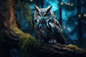 Wise old owl perched in a moonlit forest.