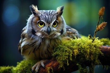 Wise owl perched on a moss-covered tree branch.
