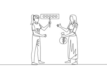 Continuous one line drawing two women standing opposite each other. One woman carry money bag, the other carry rating board with 5 stars. Buy and selling reviews. Single line draw vector illustration