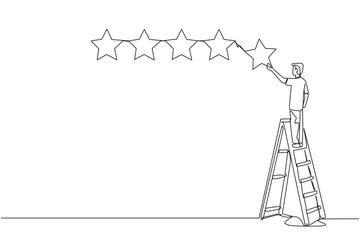 Single one line drawing young energetic happy man climbs a ladder carrying 1 star, making it 5 stars in a row. Give very good recommendation to the seller. Continuous line design graphic illustration - obrazy, fototapety, plakaty