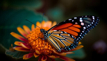 Vibrant monarch butterfly pollinates yellow flower in tranquil autumn scene generated by AI