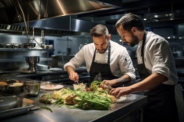 Young chefs collaborating in a bustling modern kitchen.