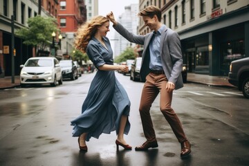 Young couple sharing a spontaneous dance on a city sidewalk.