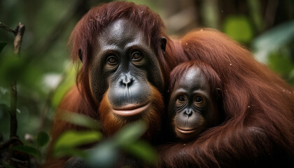 Close up portrait of a cute young orangutan staring at camera generated by AI