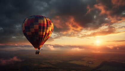 Multi colored hot air balloon flying high up in the sky generated by AI
