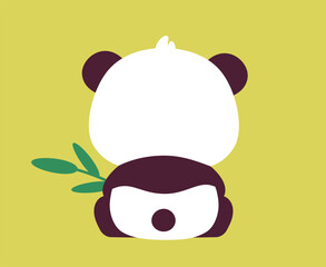 Cute panda sticker. Adorable asian fluffy animal with branch of bamboo. Zoology and biology. Sticker for social networks. Cartoon flat vector illustration isolated on green background